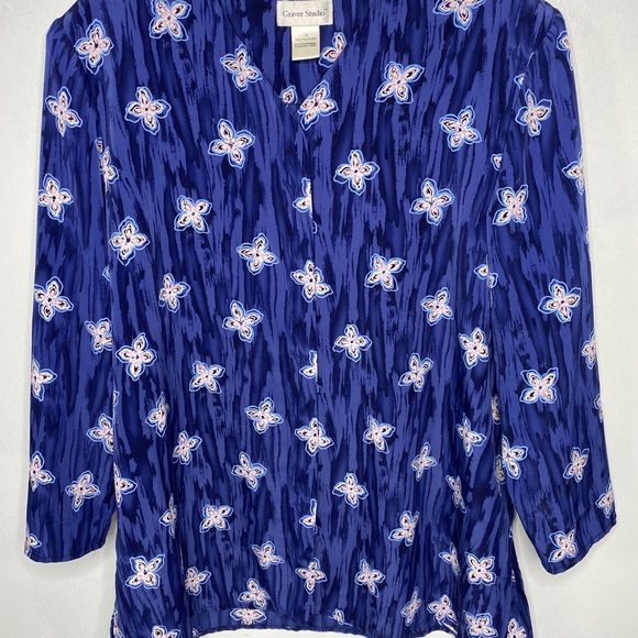 Graver Studio 2XL Button up Blue Print Top Relaxed - Picture 2 of 10